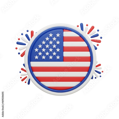 Independence Day Badge Design: American Flag With Fireworks Against Transparent Background