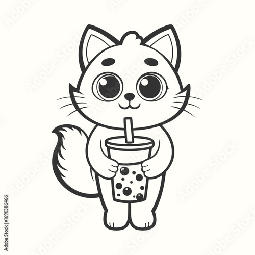 Outlined kitten character enjoys a refreshing bubble tea, embracing a delightful monochrome sweetness