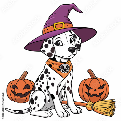 Halloween Dalmatian Witch Dog Vector Illustration for T-Shirt, Poster Design, etc.