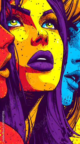 pop art background showcasing playful abstract collage of funky neon shapes and faces