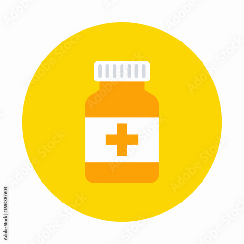 A flat design icon of an orange medicine bottle with a white cap and a red cross label on a yellow background.
