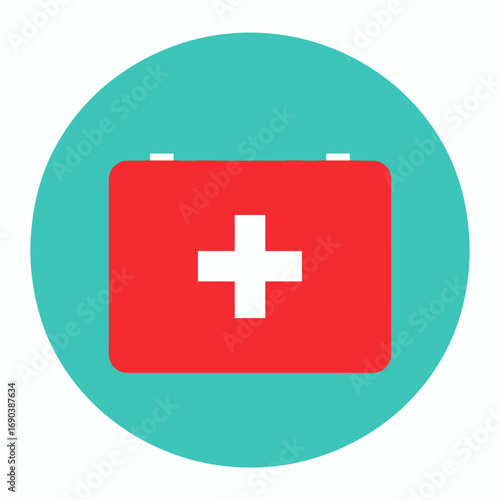 A flat design icon depicting a red first aid kit with a white cross on a teal circular background.