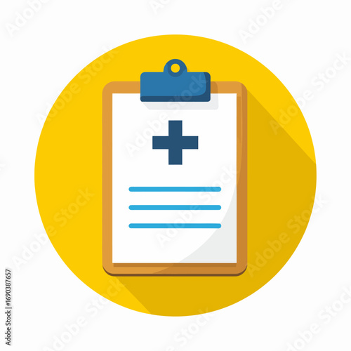A flat design icon depicting a medical clipboard with a health cross symbol and lines on a bright yellow circular background.