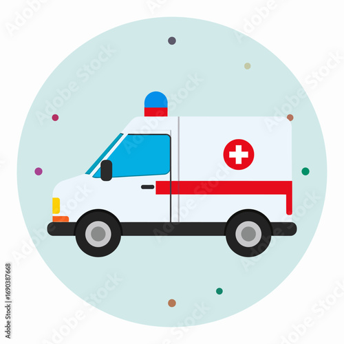 A flat design illustration of a white ambulance with a red cross and emergency lights, set against a light blue circular background with colorful dots.