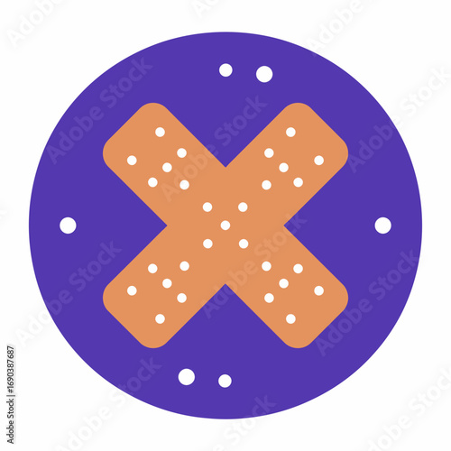 Graphic illustration of two orange, dotted adhesive bandages forming a cross on a purple circle with small white dots around its edge.
