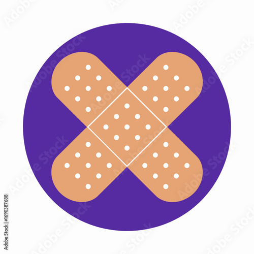 Medical icon featuring two beige adhesive plasters crossed over a vibrant purple circle, symbolizing first aid and care.