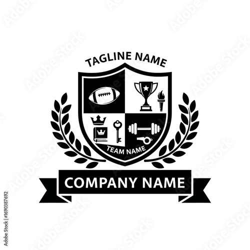 A black and white crest design with sports and academic symbols, representing teamwork and achievement.
