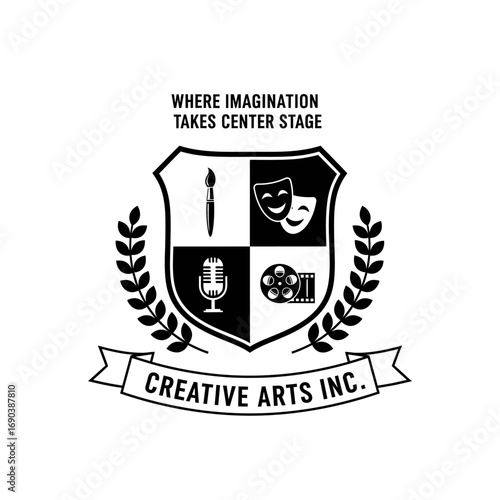 Emblematic crest for "Creative Arts Inc." featuring artistic tools, theatrical masks, microphone, and film reel, symbolizing imagination and performance.