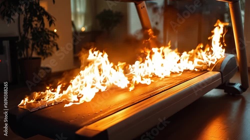 A treadmill with a fire burning on it in a living room