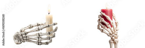 Set of a different Halloween skeleton hands holding candles, isolated on a transparent background.