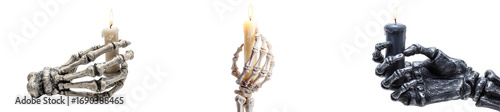 Set of a different Halloween skeleton hands holding candles, isolated on a transparent background.