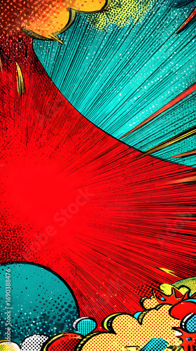 art background with oversized comic speech bubble style graphics and bright halftone textures