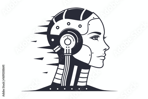 Robotic woman's side profile features intricate mechanical details in a striking black and white illustration