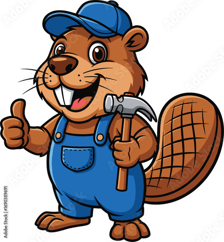 Cartoon beaver mascot in blue overalls holding hammer and giving thumbs up, cute construction animal vector character illustration art