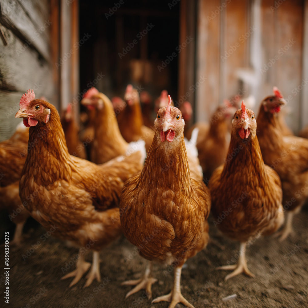 Fototapeta premium A flock of brown hens pecks and strolls together, illustrating farm life, natural behavior, and rural charm in daylight.