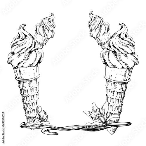 Frozen yoghurt soft ice cream swirl in wafer cone with vanilla pods, orchid flower. graphic corner frame illustration hand drawn in vector ink. Tasting set label, patisserie art, fine food journal