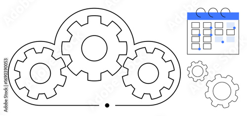 Cloud with interlocking gears symbolizes automation and workflow optimization, paired with a calendar for scheduling and time management. Ideal for technology, planning, productivity, efficiency