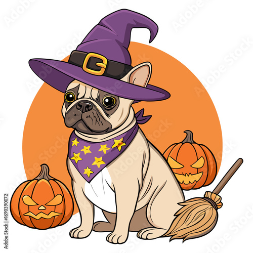 Halloween French Bulldog Witch Dog Vector Illustration for T-Shirt Design