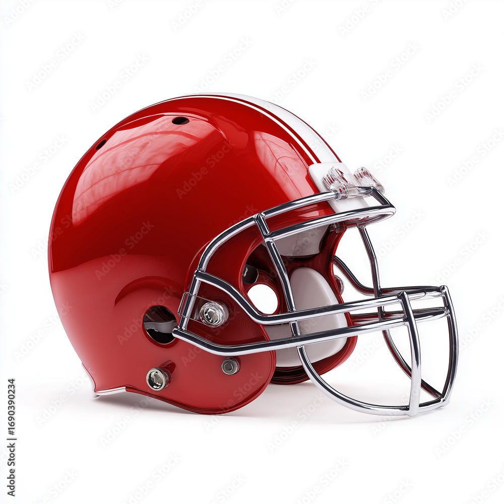 Fototapeta premium A red football helmet with a protective faceguard, isolated on a clean white background. 