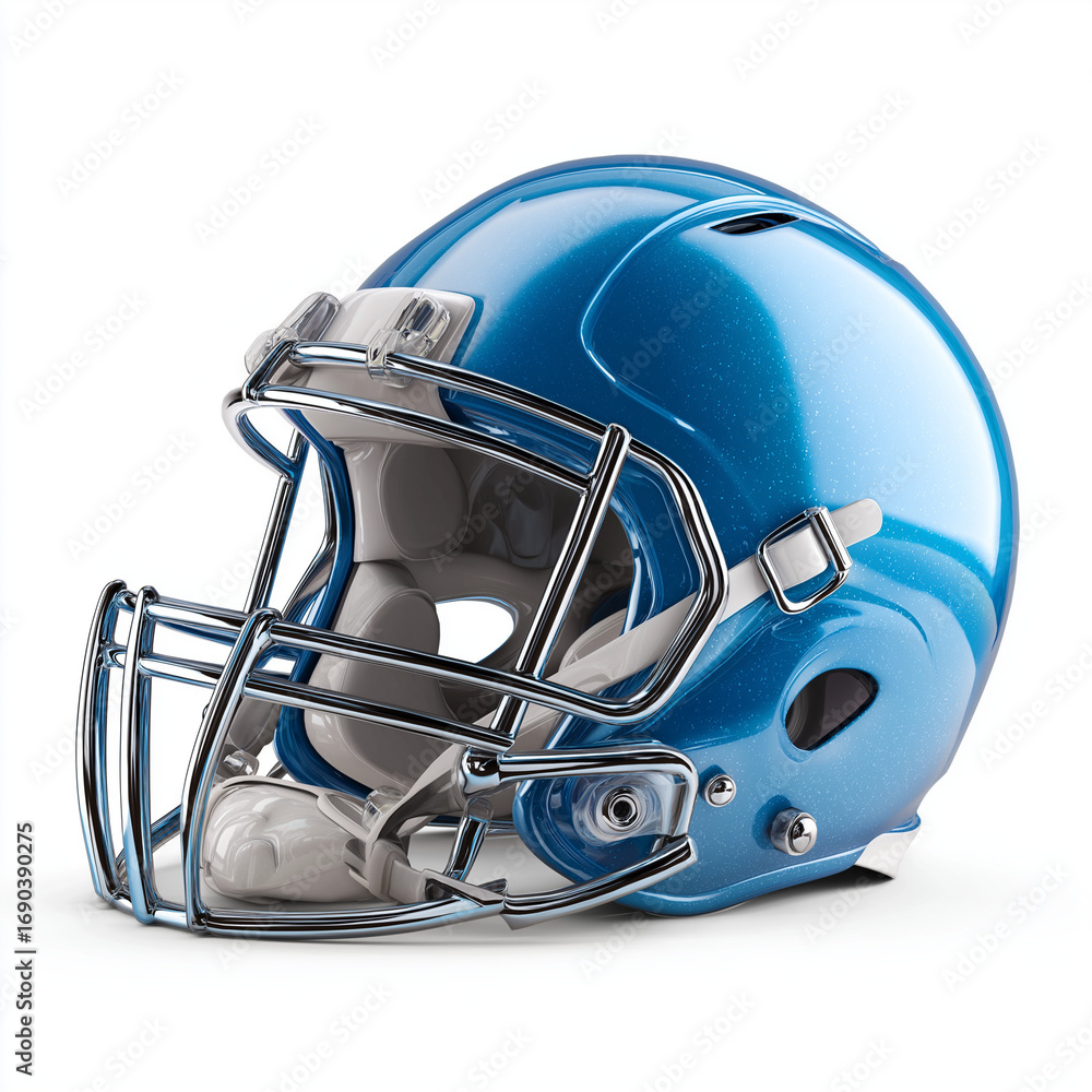Fototapeta premium A blue football helmet with a protective faceguard, isolated on a clean white background. 