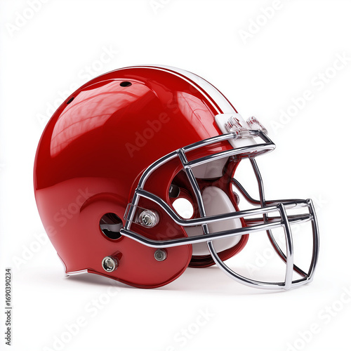 A red football helmet with a protective faceguard, isolated on a clean white background.
