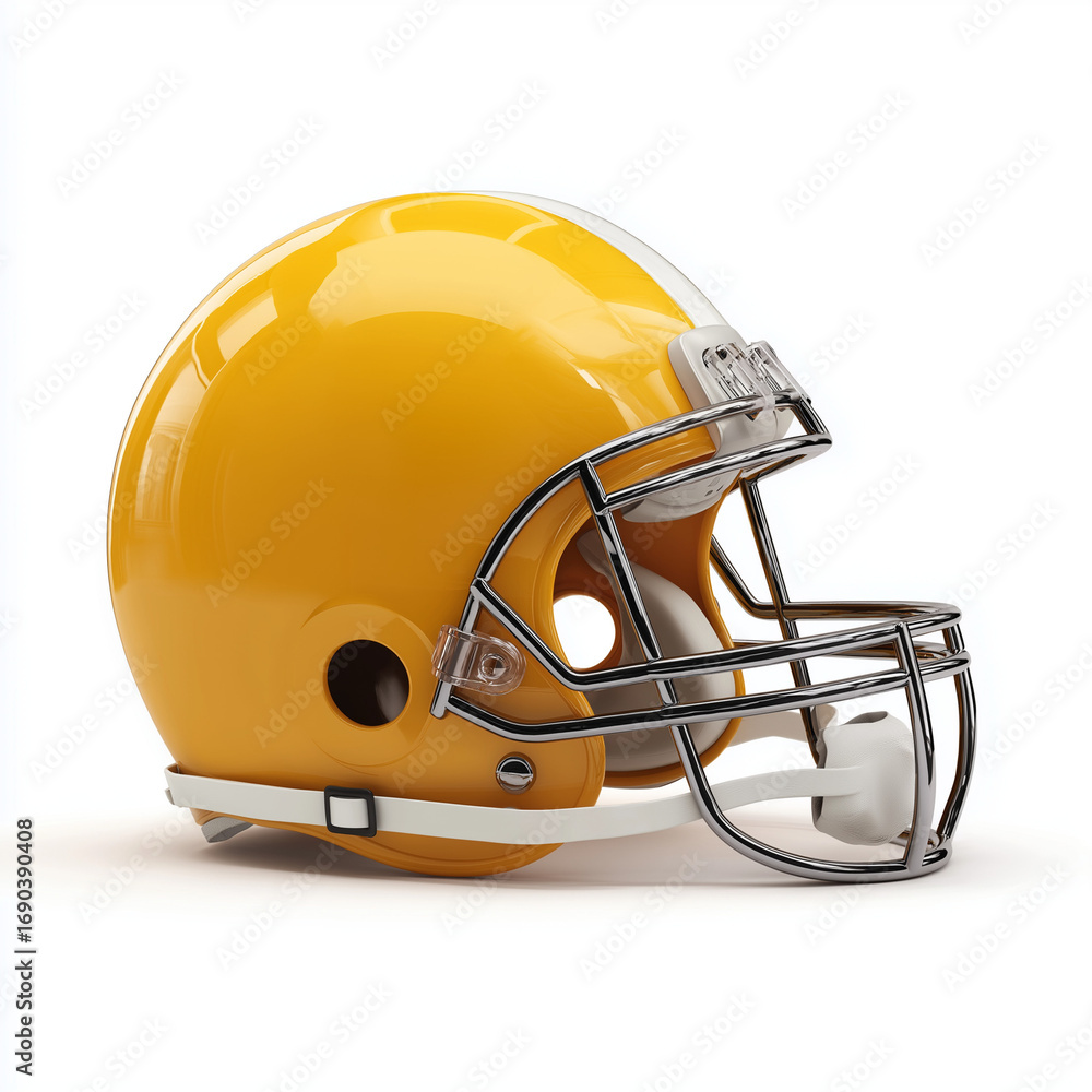 Fototapeta premium A yellow football helmet with a protective faceguard, isolated on a clean white background. 