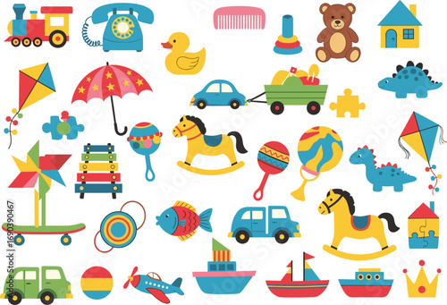 Bright colorful kids toy set, flat vector illustration of classic childhood items, educational baby toys, cartoon icons for nursery and playtime fun