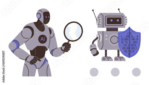 Two robots in action one AI robot holding a magnifying glass, analyzing data, and another robot equipped with a shield representing cybersecurity themes. Ideal for technology, AI, innovation, data