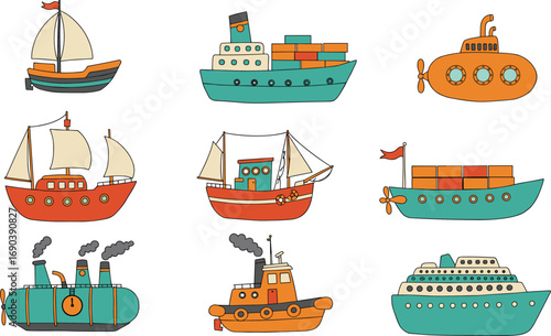 Colorful cartoon boats and submarines vector illustration, including sailboats, tugboats, cargo ships, perfect for kids, educational use, and nautical design projects