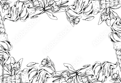 Swirled frozen yoghurt soft serve ice cream in wafer cone with vanilla orchid blossom and pods. Vector graphic border illustration hand drawn in ink. Product promo, social media template, menu frame
