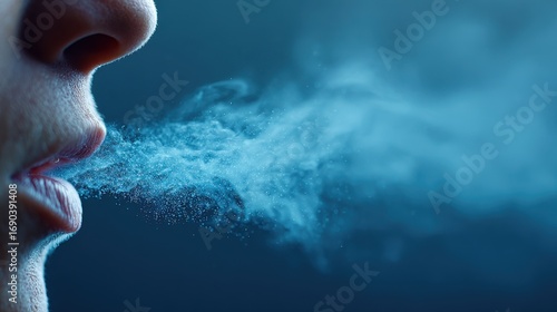 Close-up of a person's mouth exhaling a plume of vapor in a cool environment during winter