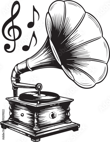 Vintage gramophone with music note isolated on white background, hand drawn style