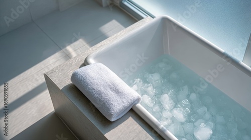 Ice bath preparation in a modern bathroom with a soft towel resting nearby during daylight hours