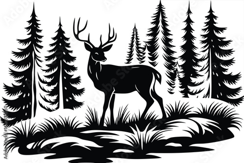 Silhouette of majestic stag stands serenely amid forest pines, displaying a natural wildlife scene