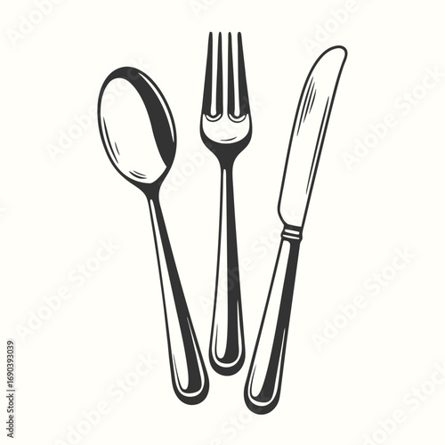 Simple black and white presents a fork, knife, and spoon illustration