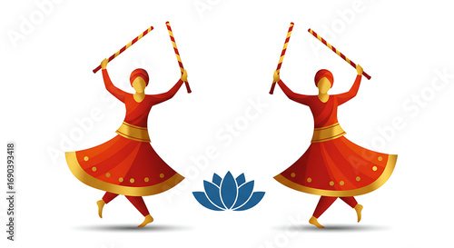 Vibrant Stylized Dancers In Red And Gold Attire With Batons