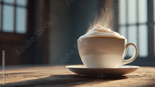 Steaming Cup of Coffee with Frothy Milk on Rustic Wooden Table in Cozy Cafe Setting