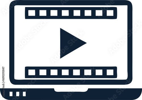 Simple video play icon is visible on the screen of a laptop