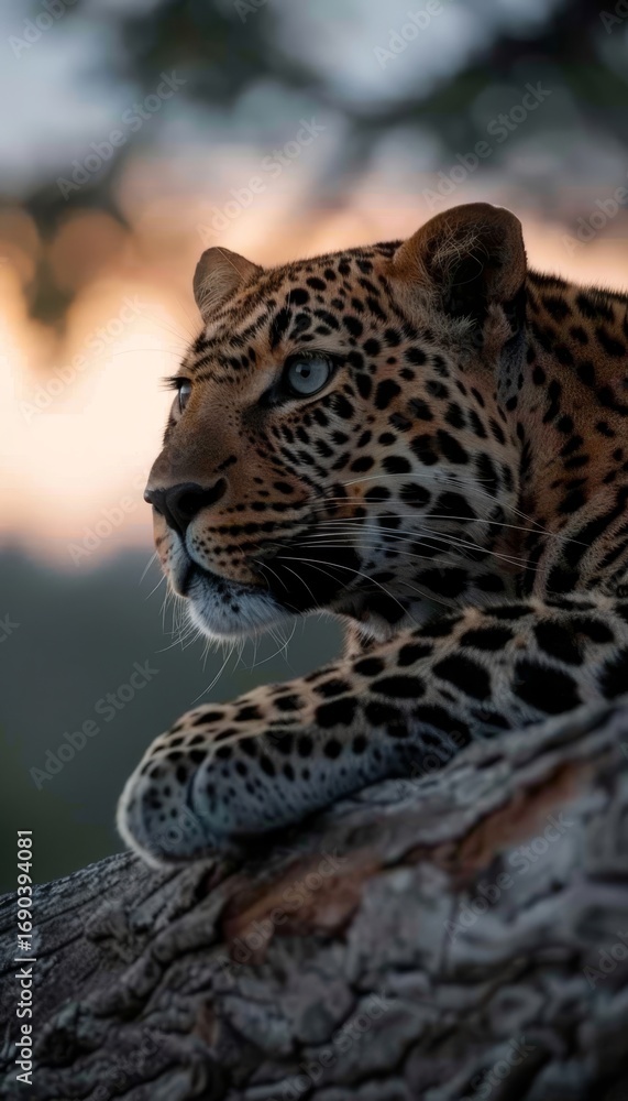 Fototapeta premium A majestic leopard relaxing gracefully on a sturdy tree branch in its natural habitat
