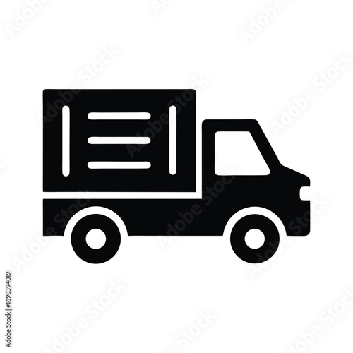 Simplified black delivery truck icon displays a cargo container on white backdrop