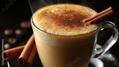 Steaming Hot Coffee Latte with Cinnamon Stick in Clear Glass Mug