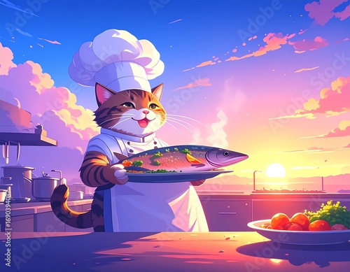 Proud cat chef presenting a beautifully cooked fish.
