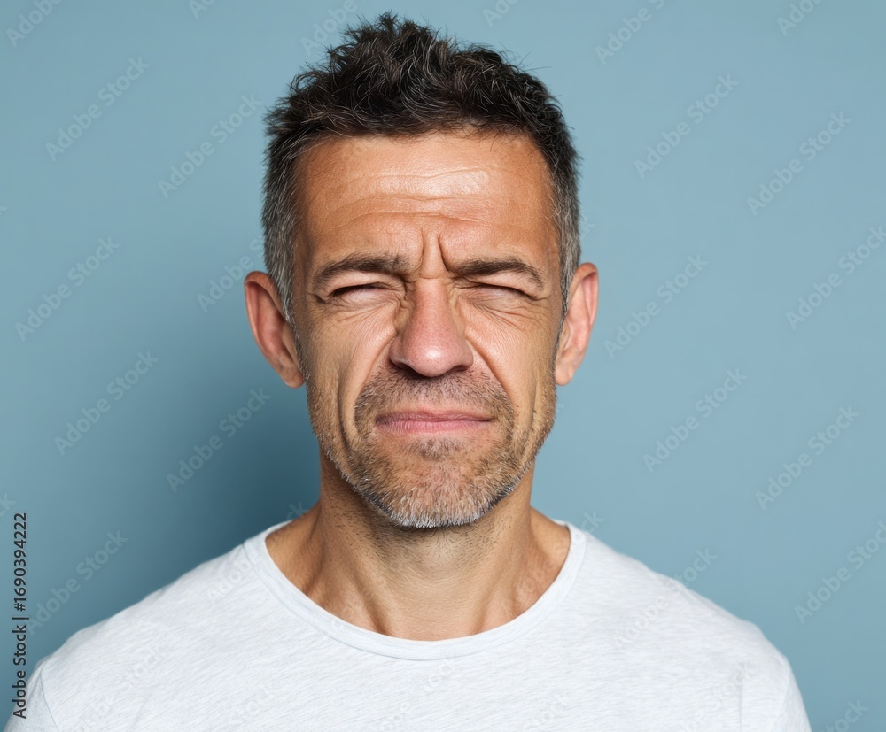 Obraz premium A man with a distressed facial expression stares directly at the camera, set against a soft, muted backdrop.