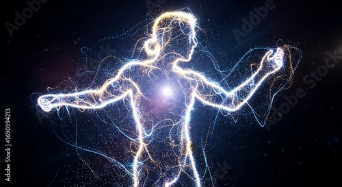Glowing white lines form a dancing human silhouette against dark background, with swirling energy patterns, ethereal vibe, futuristic theme. AI Generated