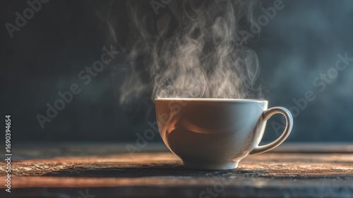 Steaming White Coffee Cup on Rustic Wooden Surface in Warm Natural Light