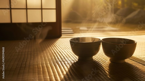 Steaming Tea Bowls in Traditional Japanese Room with Tatami Mat and Shoji Screen