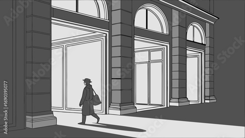 A grayscale illustration of a person walking past an elegant building with arched windows and doorways.
