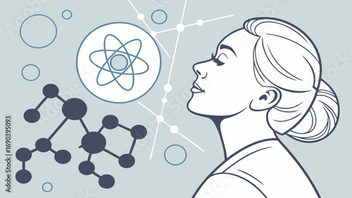 Abstract illustration of a woman contemplating science and technology featuring atom and molecule symbols.