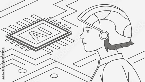 AI Technology Concept Person with futuristic helmet looking at a microchip with AI symbol illustration.