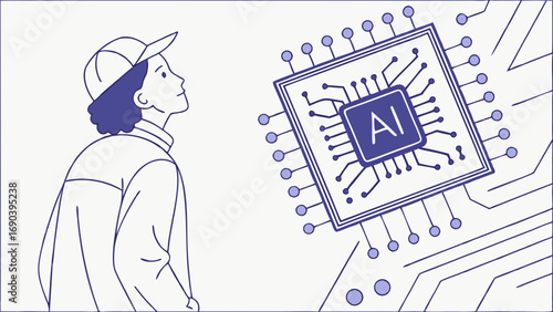 AI Technology Concept Illustration Person Looking at Artificial Intelligence Microchip.